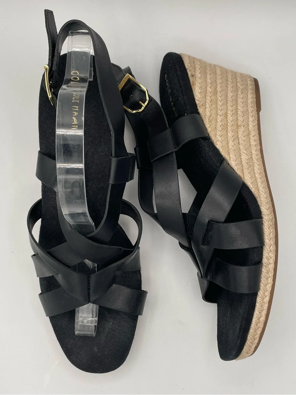 COLE HAAN Crystal Wedge Black Strappy Espadrille Sandals 10B